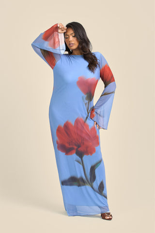 Curve Statement Floral Long Sleeve Mesh Maxi Dress