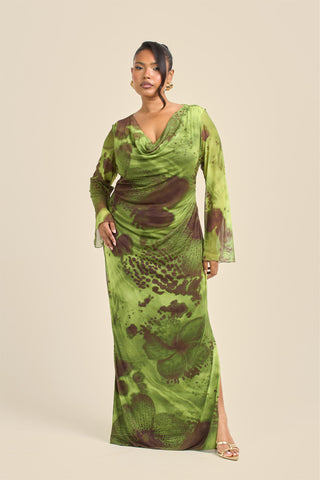Curve Abstract Blurred Floral Cowl Neck Maxi Dress