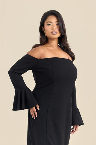 Curve Bardot Ruffle Sleeve Scuba Midi Dress