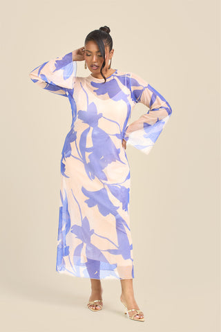 Curve Swing Style Floral Abstract Mesh Midaxi Dress