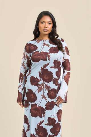 Curve Flare Sleeve Floral Print Mesh Maxi Dress