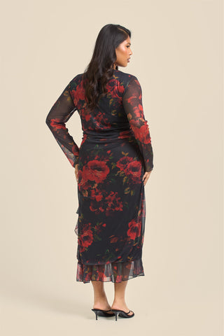 Curve Rose Print Ruffle Hem Mesh Midi Dress