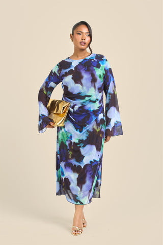 Curve Flare Sleeve Round Neck Printed Mesh Dress