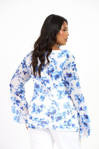 Curve Blue Floral Twist Front Flare Sleeve Top