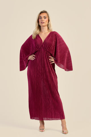 Curve Batwing plisse Burgundy Maxi Dress