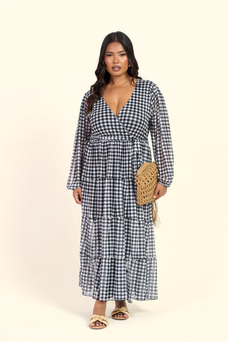 Curve Gingham Print Wrap Tie Belt Tiered Maxi Dress
