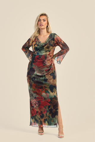 Curve abstract floral cowl neck long sleeve mesh maxi dress