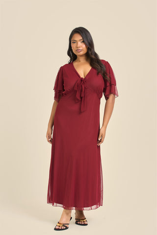 Curve Flutter Sleeve Burgundy Mesh Tie Front Midi Dress
