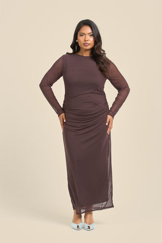 Curve long sleeve chocolate mesh midaxi dress