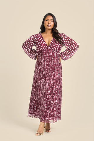 Curve Balloon Sleeve Mixed Polka Dot Midi Dress