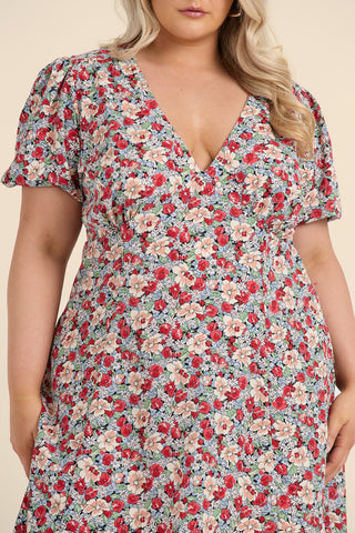 Curve Ditsy Print Puff Sleeve Mini Skater Dress