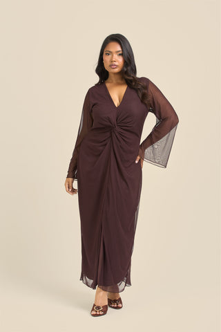 Curve Twist Front Plain Mesh Midaxi Dress