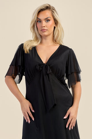 Curve Flutter Sleeve Black Mesh Tie Front Midi Dress