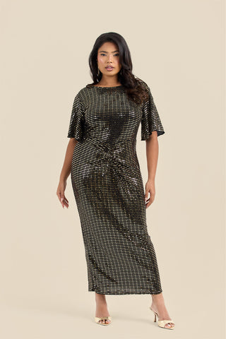 Plus Size Gold Sequin Ruched Flutter Sleeve Midi Dress
