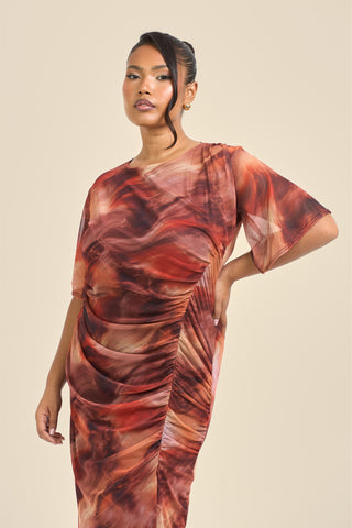 Curve angel sleeve abstract mesh midi dress