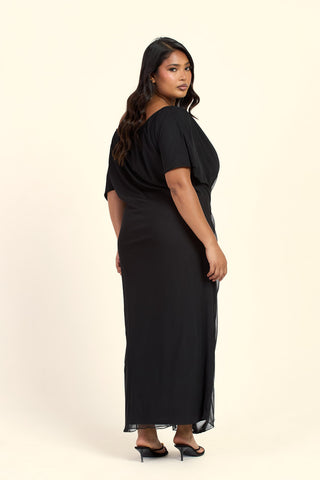 Curve Drop Shoulder Ruched Mesh Black Midaxi Dress