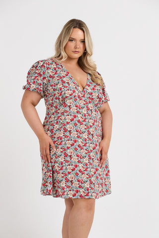 Curve Ditsy Print Puff Sleeve Mini Skater Dress