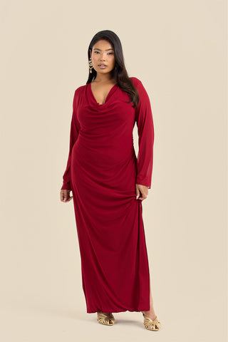 Plus Size Burgundy Long Sleeve Cowl Neck Mesh Maxi Dress
