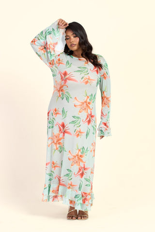 Curve Lily Print Long Sleeve Ruffle Swing Maxi Dress
