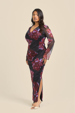 Curve Cowl neck Mesh flare sleeve Dark floral Maxi Dress