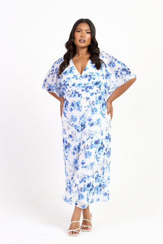 Curve Blue Floral Lace Trim Flutter Sleeve Midi Dress