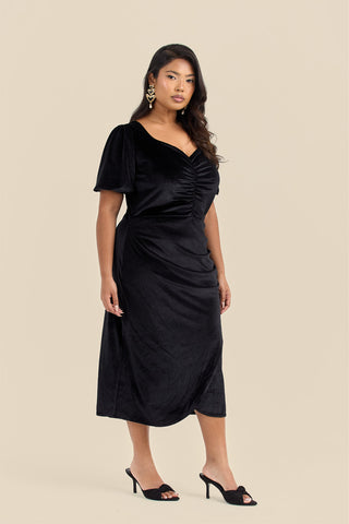 Plus Size Black Velvet Puff Sleeve Ruched Midi Dress