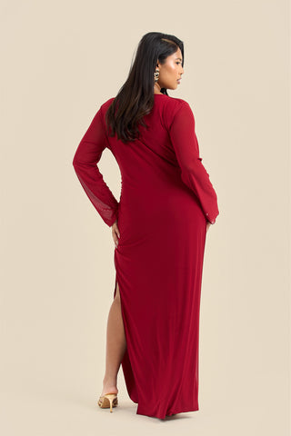 Plus Size Burgundy Long Sleeve Cowl Neck Mesh Maxi Dress