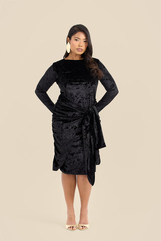 Curve crushed velvet tie front draped midaxi dress
