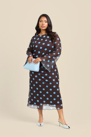 Curve Polka Dot Long Sleeve Ruched Mesh Midi Dress