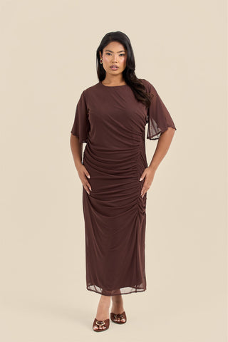 Plus Size Ruched Angel Sleeve Midi Dress