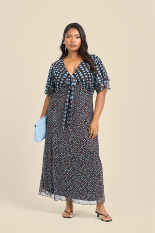 Curve Flutter Sleeve Mixed Polka Dot Midi Dress