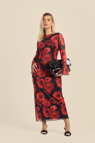 Curve Large floral flare sleeve mesh maxi dress