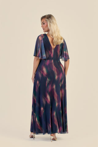 Curve Dark Water Colour Wrap Front Angel Sleeve Maxi Dress