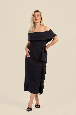 Curve Bardot Fold Over Scuba Crepe Ruffle Midaxi Dress