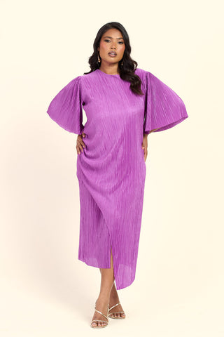 Curve Plisse Ruched Side Flutter Sleeve Midi Dress