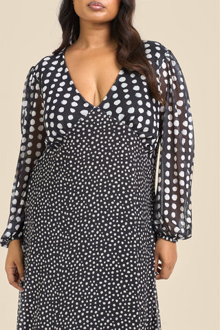 Curve Mixed Polka Dot Balloon Sleeve Midi Dress