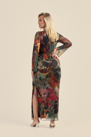 Curve abstract floral cowl neck long sleeve mesh maxi dress