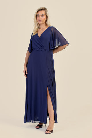 Curve Wrap Front Angel Sleeve Mesh Maxi Dress