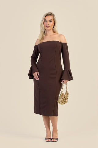 Curve Bardot Ruffle Sleeve Scuba Midi Dress