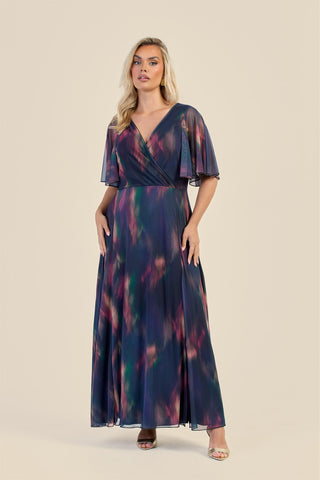 Curve Dark Water Colour Wrap Front Angel Sleeve Maxi Dress