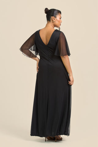 Curve Angel Sleeve Wrap Front Black Mesh Maxi Dress