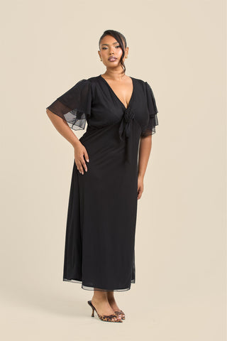 Curve Flutter Sleeve Black Mesh Tie Front Midi Dress