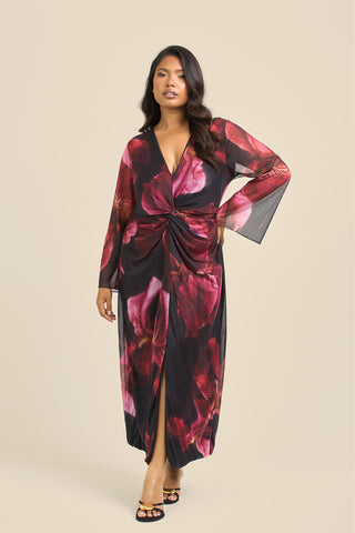 Curve Twist front large floral burgundy mesh midi dress