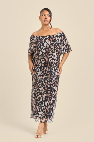Curve Drop Shoulder Animal Print Mesh Midi Dress