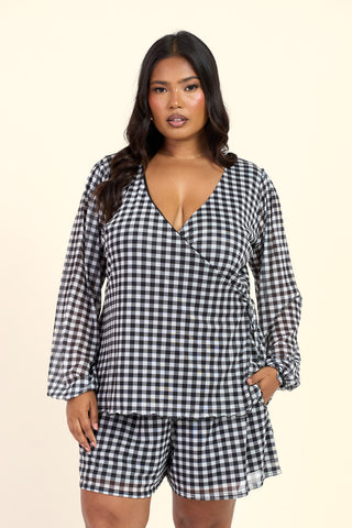 Curve Gingham Print Wrap Balloon Sleeve Mesh Blouse