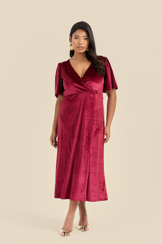Curve flutter sleeve wrap velvet Burgundy midi dress
