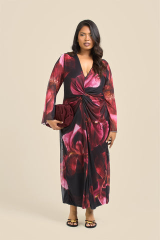 Curve Twist front large floral burgundy mesh midi dress