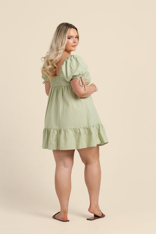 Curve Linen Puff Sleeve Mini Dress