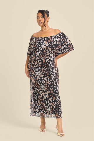 Curve Drop Shoulder Animal Print Mesh Midi Dress