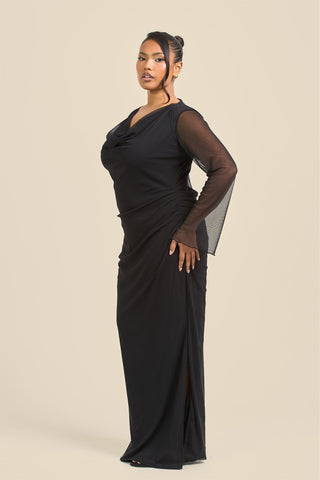 Curve Cowl Neck Long Sleeve Mesh Maxi Dress